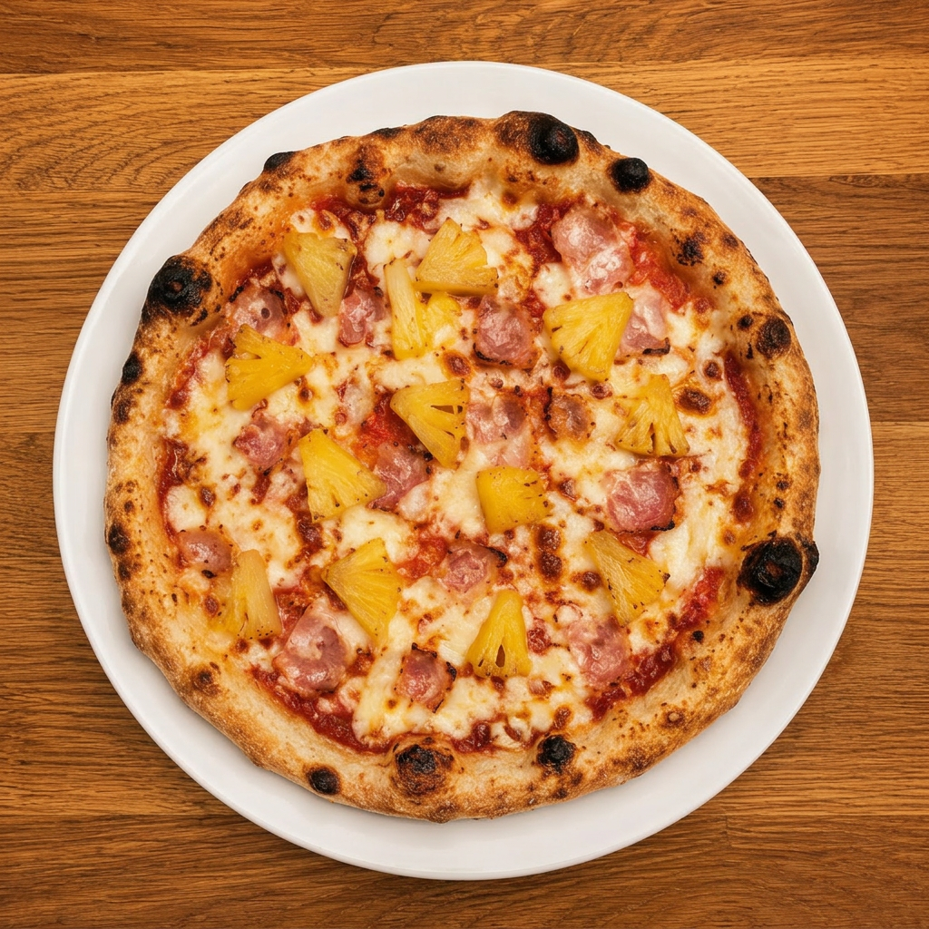 Sam Roi Yot 300® signature pizza with ham, pineapple, and onion on a white plate