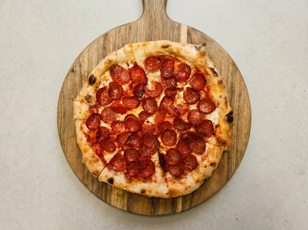 Handcrafted pepperoni pizza in an open box, fresh from the oven